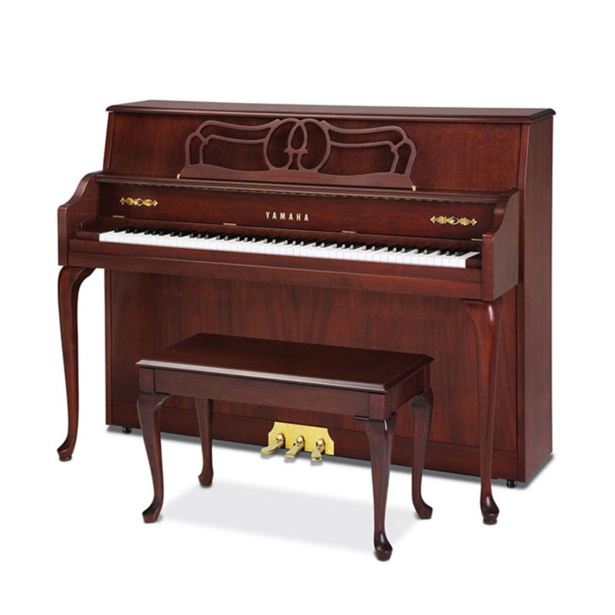 A yamaha piano with a bench next to it