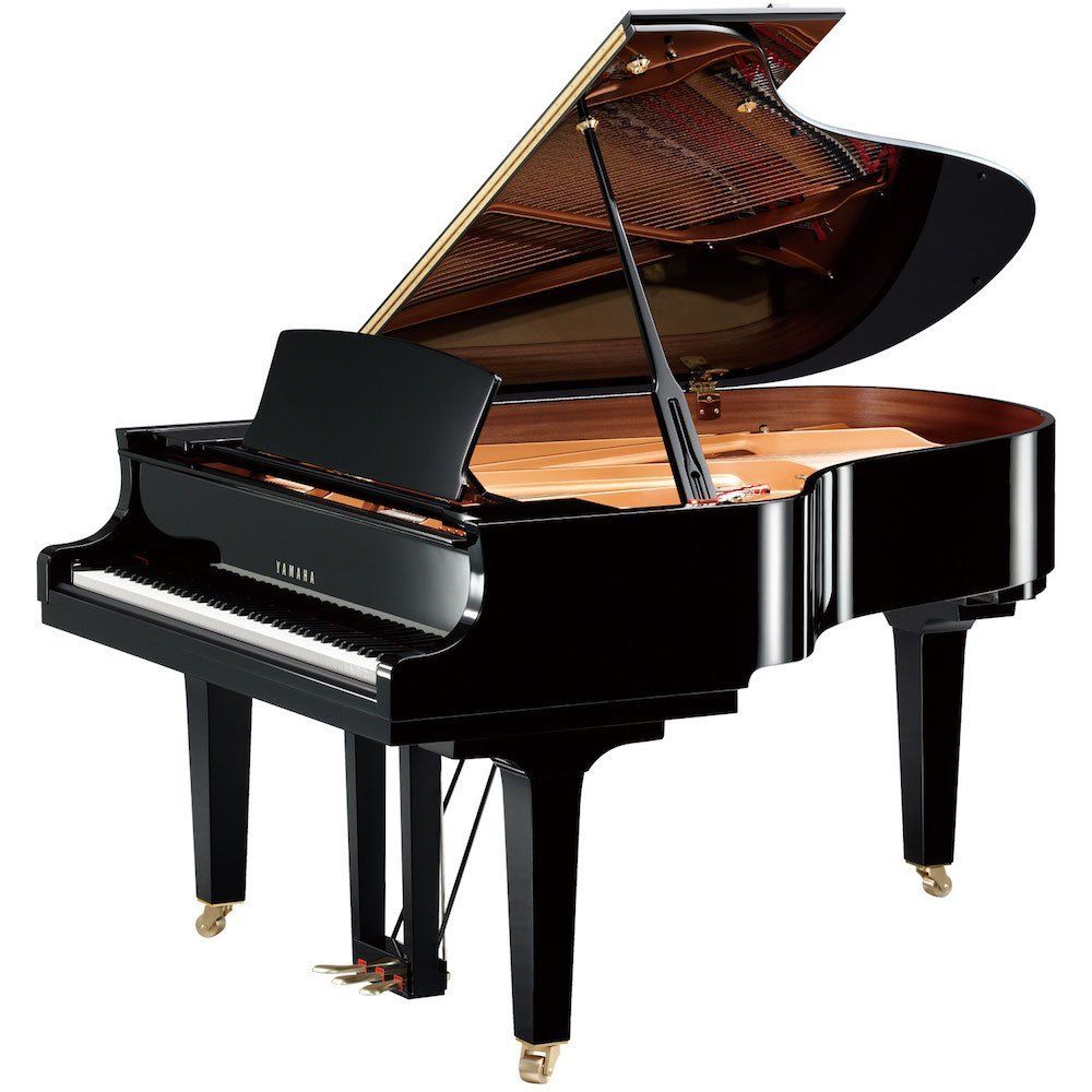 A black grand piano with the lid open on a white background.