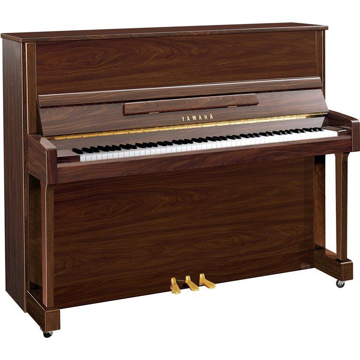 A yamaha upright piano is shown on a white background