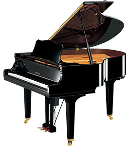 A black grand piano with the lid open on a white background