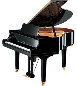 A black grand piano with the lid open on a white background