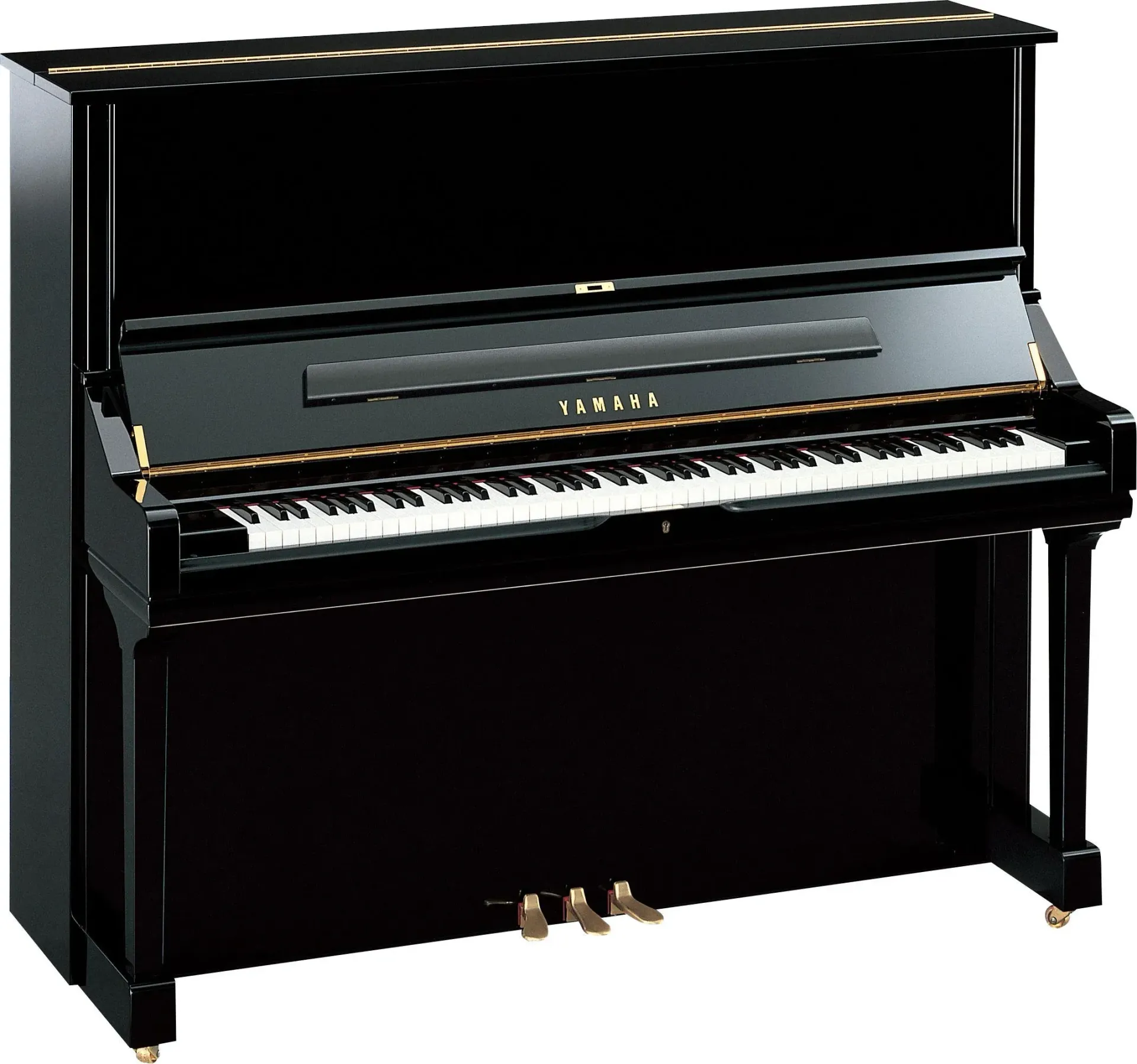 A black yamaha upright piano with white keys