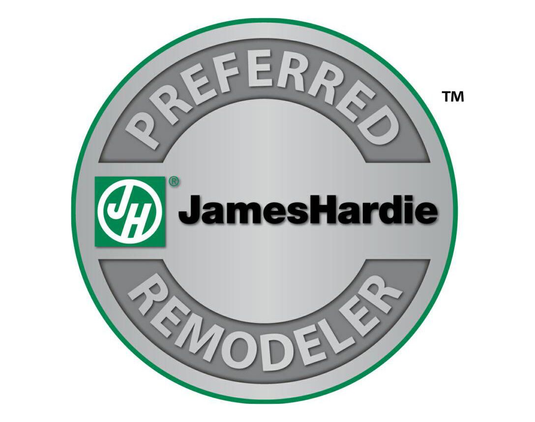 A silver and green circular logo for a James Hardie Preferred Remodeler.
