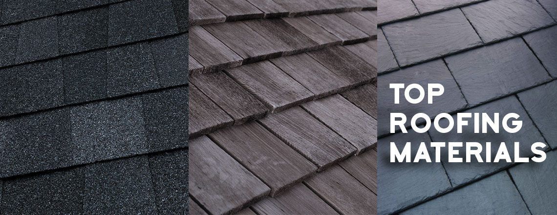 A composite image showing three types of roofing materials with the text