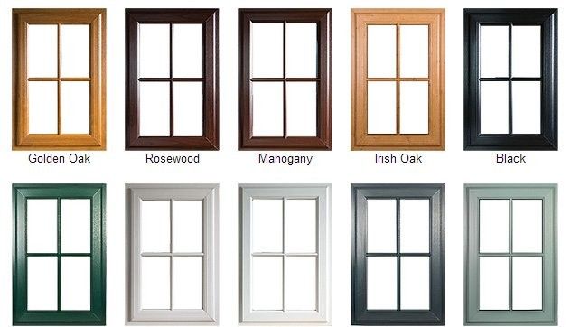 Ten rectangular window frames arranged in two rows, showcasing various wood and solid color finishes with grid dividers.