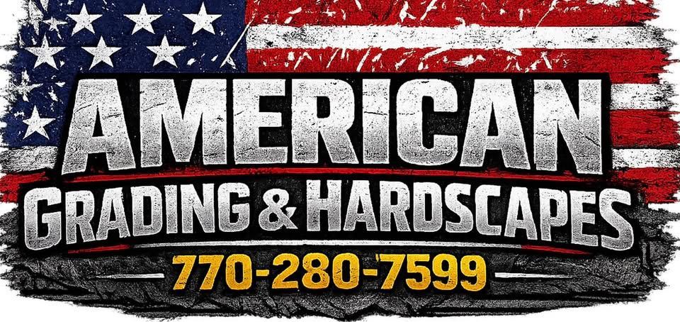 American Grading & Hardscapes logo with U.S. flag background and phone number 770-280-7599