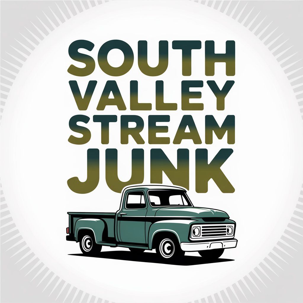 South Valley Stream Junk logo, green text above a green pickup truck on a radial white background.