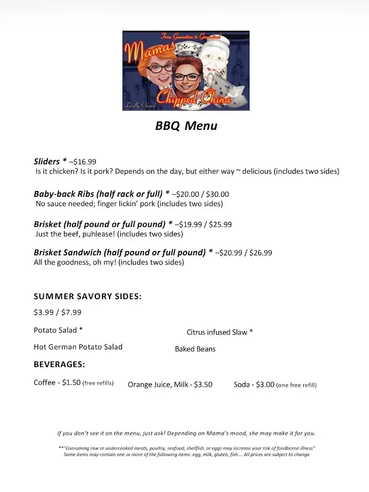 BBQ menu flyer with cartoon chef logo, listed sliders, sides, and sandwiches on a white background