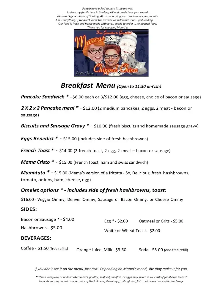 Breakfast menu poster with orange header, illustrated chef, and a list of breakfast items and prices.