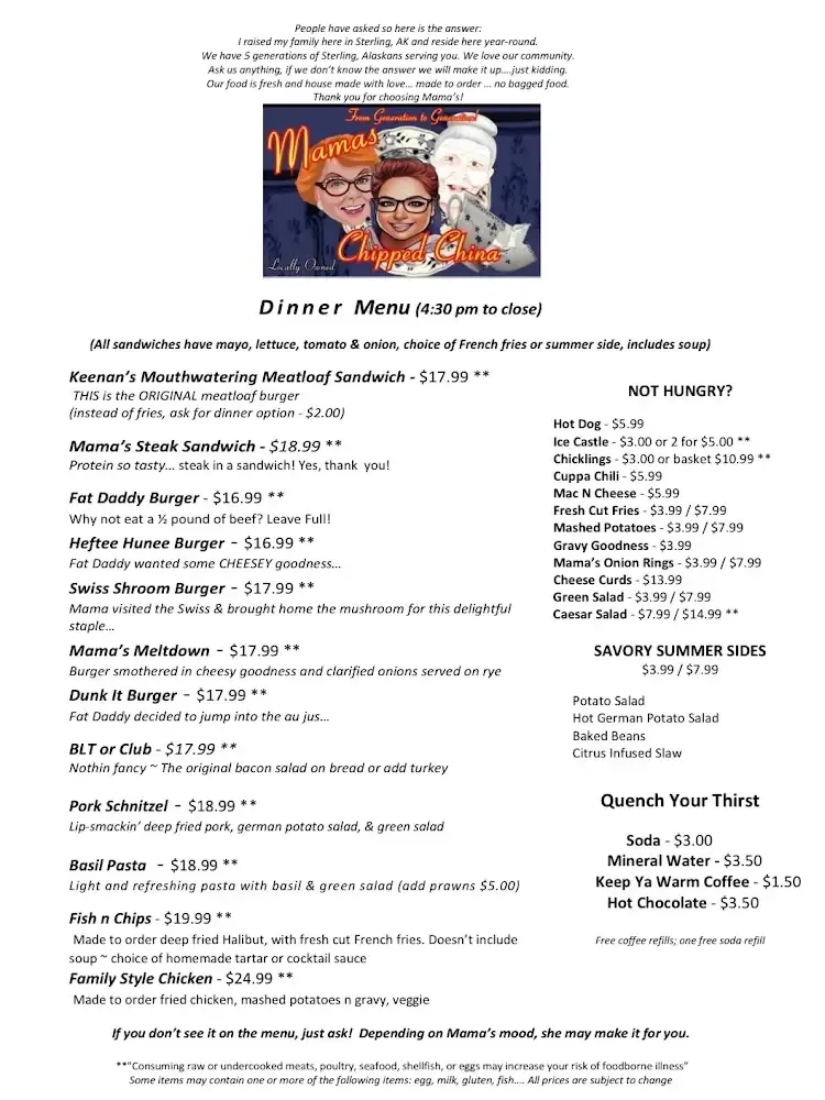Restaurant menu with a colorful chef illustration at the top and multiple food and drink sections below