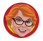Stylized smiling face with orange hair and glasses in a red circular frame