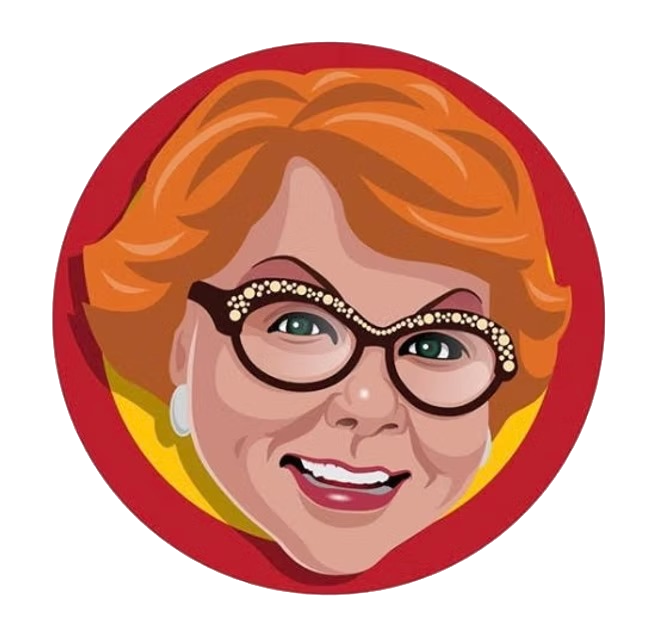 Stylized smiling face with orange hair and glasses in a red circular frame