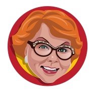 Stylized smiling face with orange hair and glasses in a red circular frame