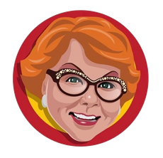 Stylized smiling face with orange hair and glasses in a red circular frame