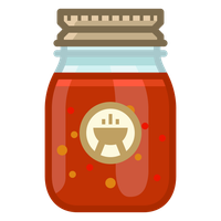 Honey jar with a bee label, filled with amber liquid and sealed with a cork lid