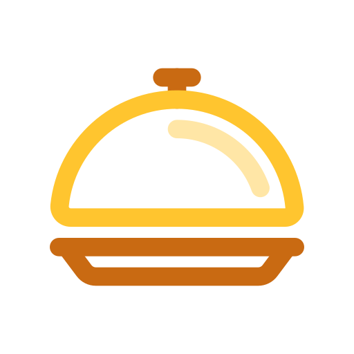 Stylized golden serving cloche with orange base and top knob on a white background