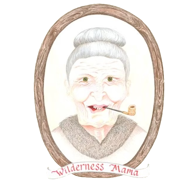 Illustrated portrait logo of an elderly woman with gray hair and a pipe, framed in an oval with “Wilderness Mama” text