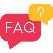 Pink and yellow speech bubbles with “FAQ” and a question mark
