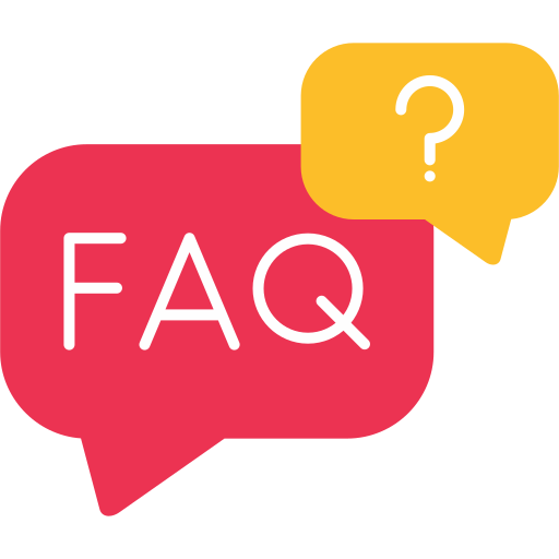 Pink and yellow speech bubbles with “FAQ” and a question mark