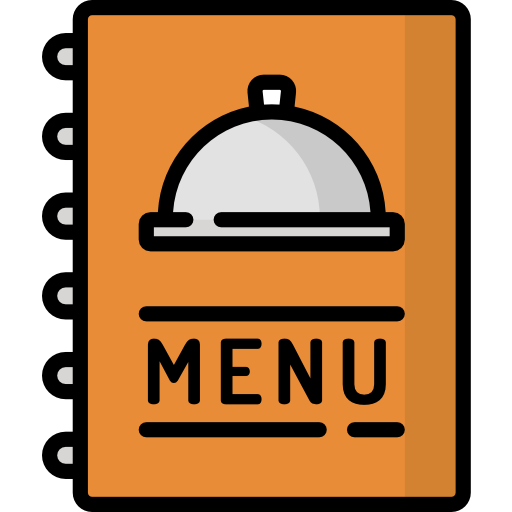Orange menu booklet with a serving cloche icon and the word “MENU” on the cover