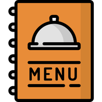 Orange menu booklet with a serving cloche icon and the word “MENU” on the cover