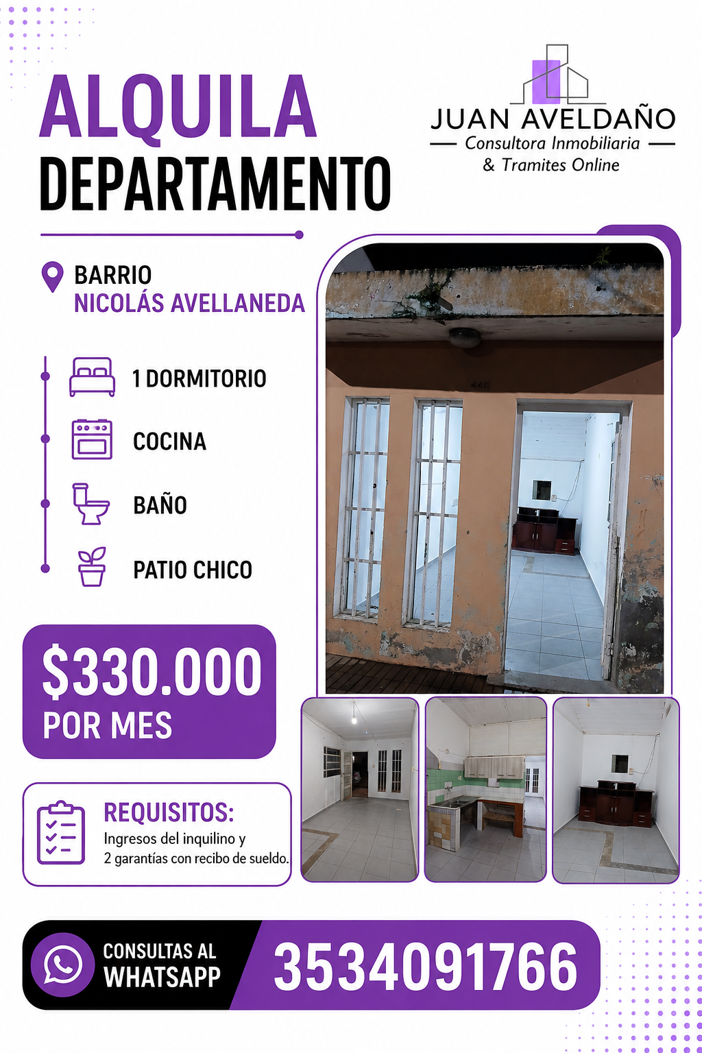 Anuncio de alquiler de departamento con 1 dormitorio, cocina, baño, patio chico y precio mensual de $330.000.