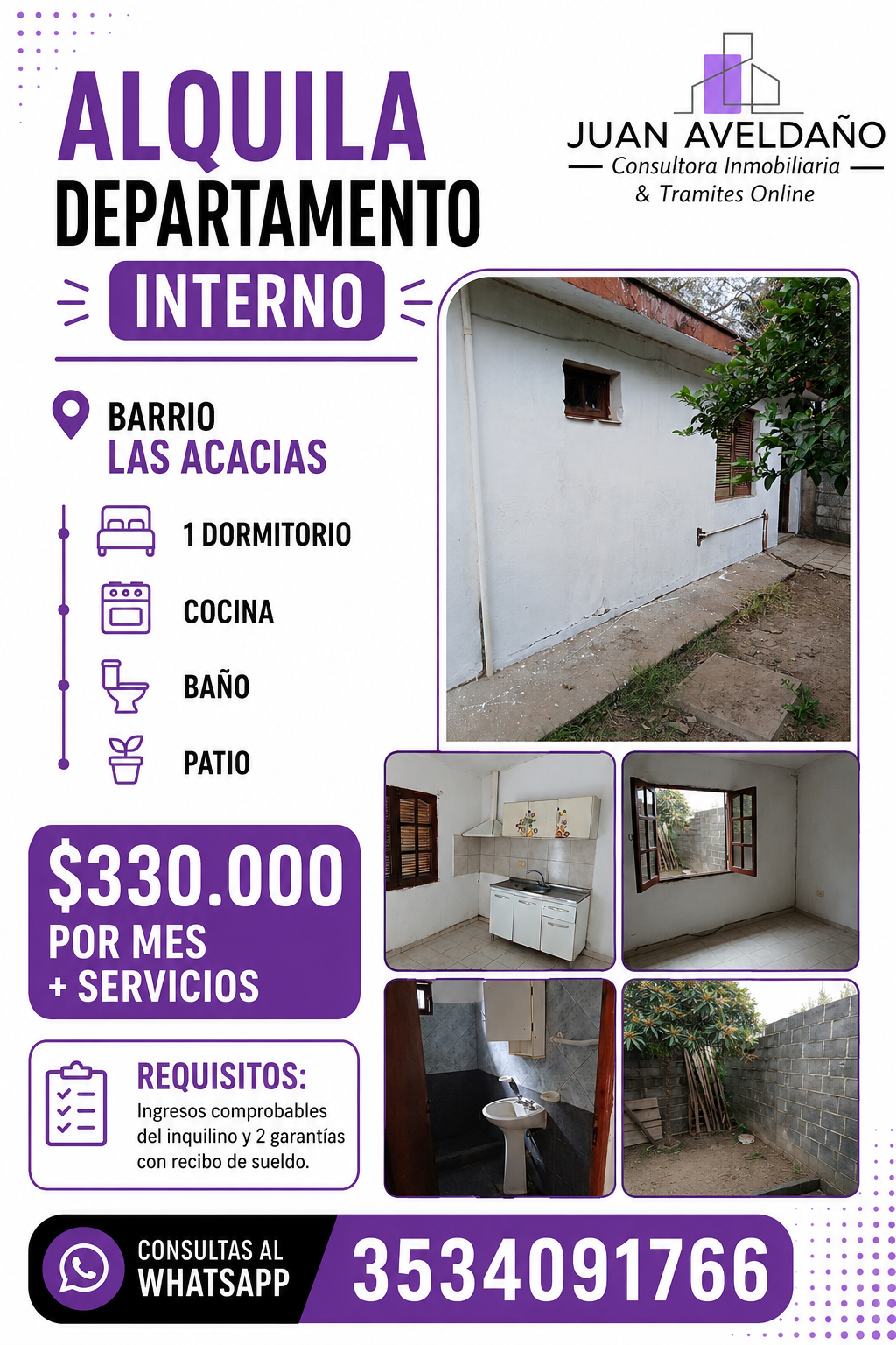 Anuncio morado de alquiler de departamento interno en Barrio Las Acacias, con fotos de la casa y precio de $330.000.