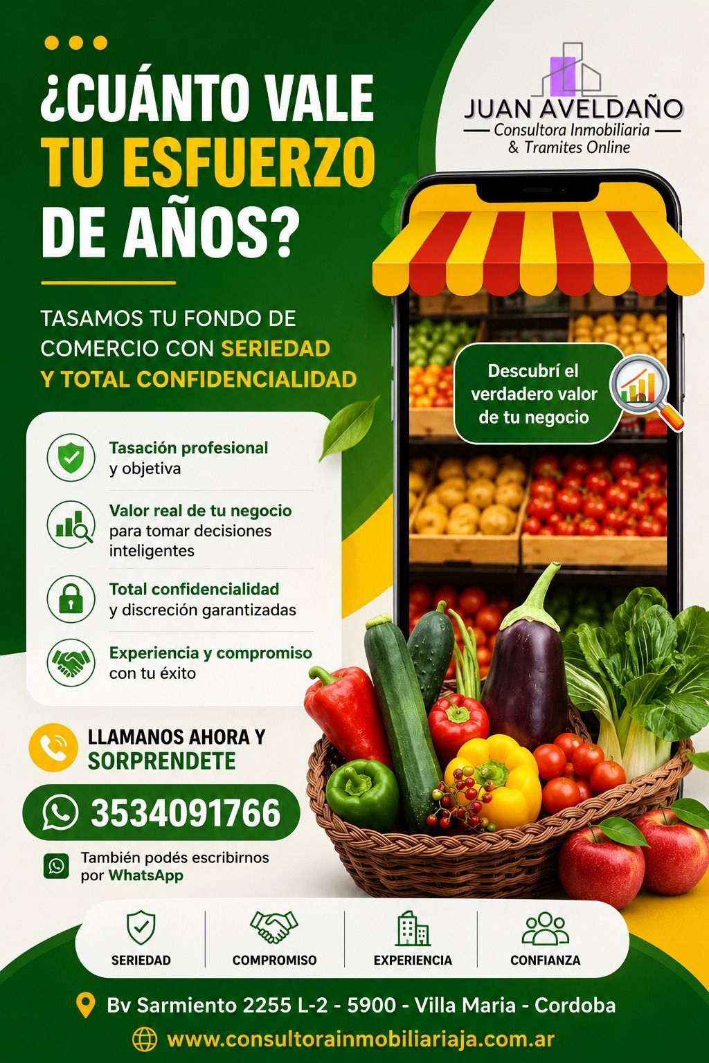 Cartel promocional verde para un camión de reparto de frutas y verduras, con texto en español e información de contacto.