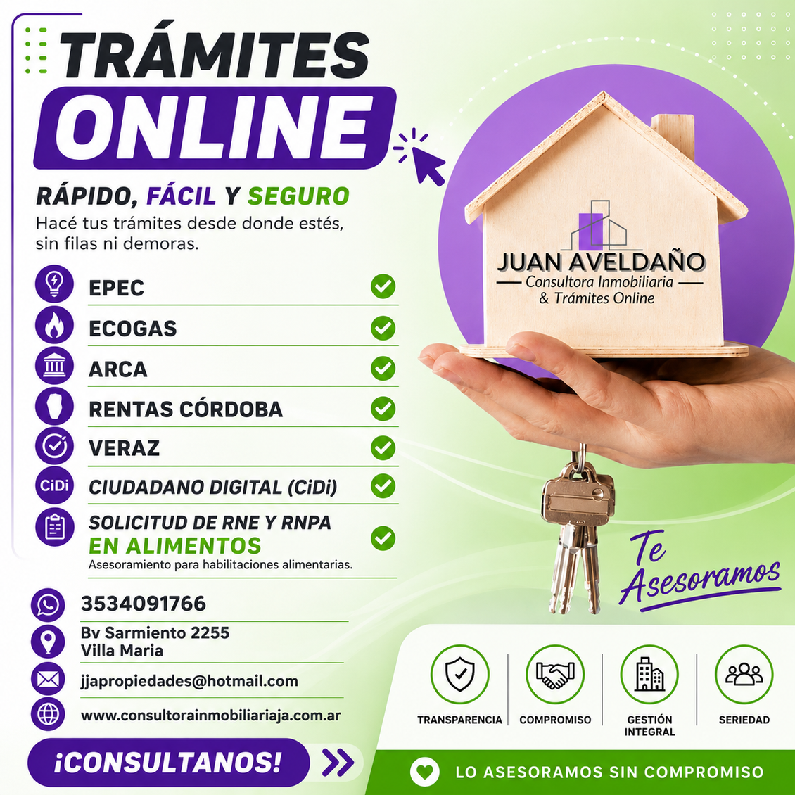 Cartel morado y verde de “Trámites Online” para Juan Aveldano con lista de servicios y datos de contacto.