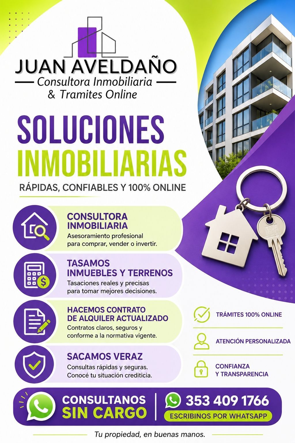Anuncio inmobiliario morado y blanco con edificio, llaves y texto “Soluciones Inmobiliarias” y contacto WhatsApp.