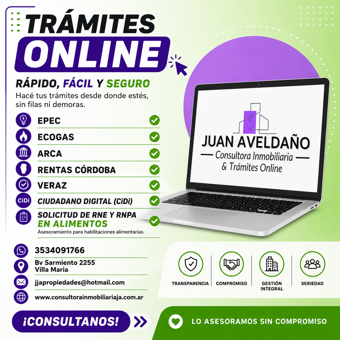 Publicidad de “Trámites online” de Juan Aveldano con laptop, servicios y contacto sobre fondo verde y morado.