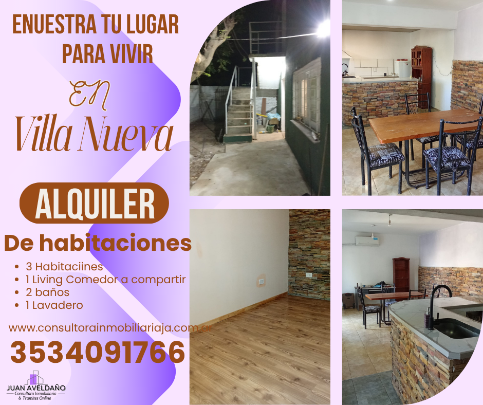 Anuncio de alquiler de habitaciones en Villa Nueva con fotos de cocina, comedor y patio.