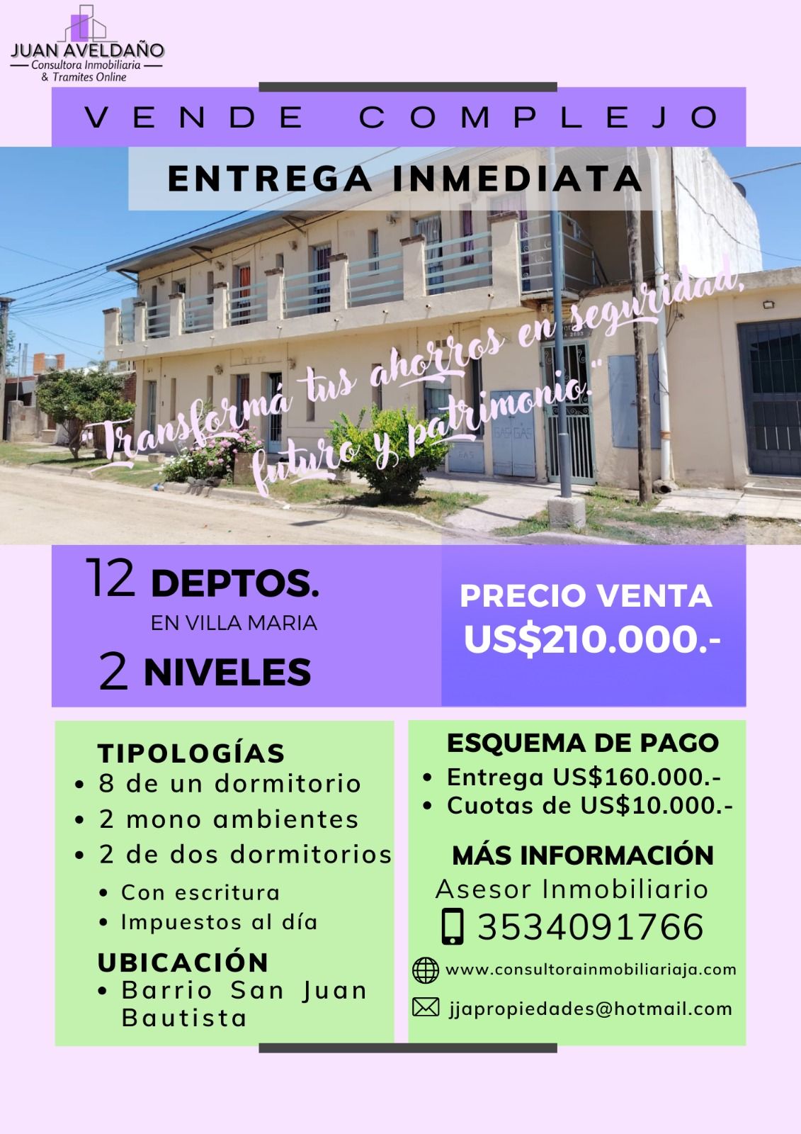 Venta de complejo inmobiliario: entrega inmediata, 12 deptos. y 2 niveles, precio $U$S200.000.