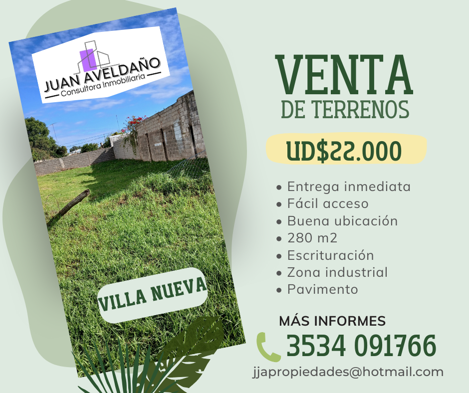 Venta de terrenos en Villa Nueva por USD 22.000, con foto de lote verde y datos de contacto.