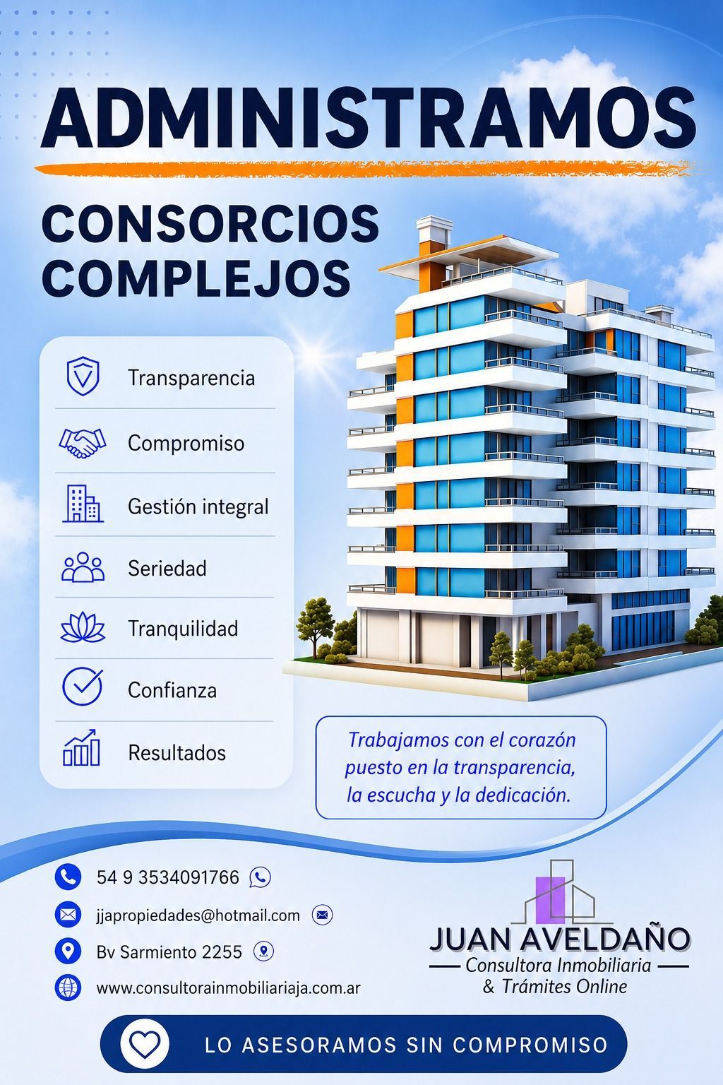 Anuncio azul y blanco de administración de consorcios con edificio, lista de servicios y contacto de Juan Valdano.
