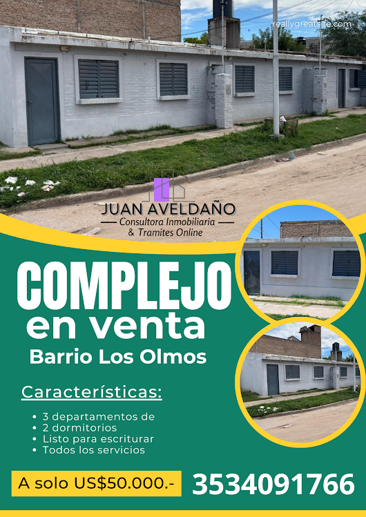 Se vende complejo en Barrio Los Olmos, con casas blancas y césped; teléfono 3534091766.