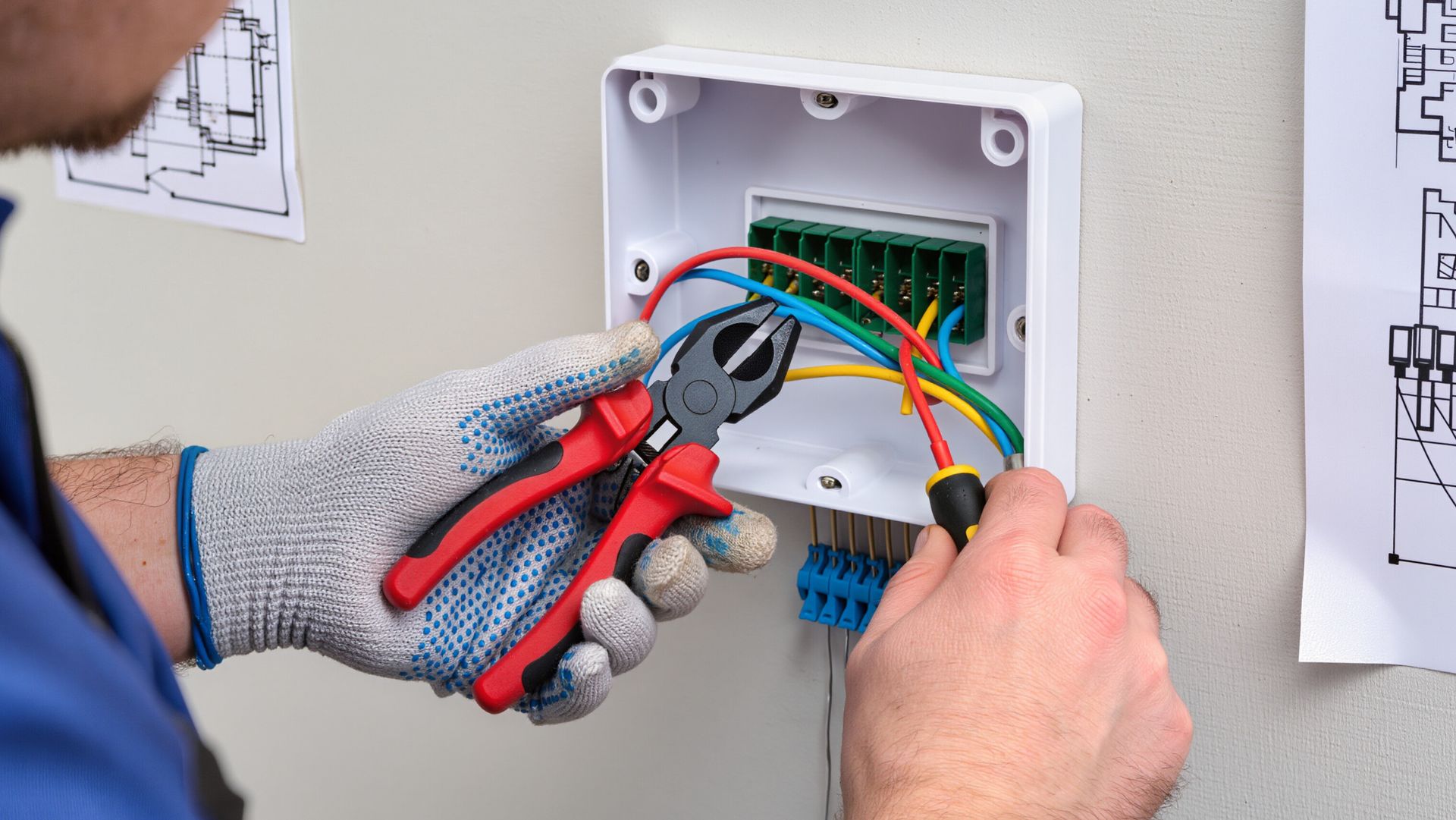 Worker using a cordless drill while assembling a black tool cart in a bright room