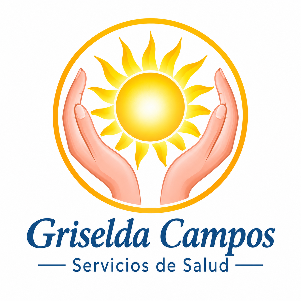 Logotipo de Griselda Campos Servicios de Salud, con unas manos que sostienen un sol amarillo