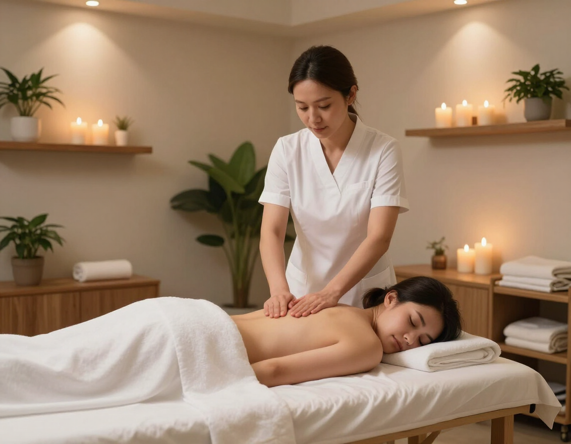Terapeuta de spa dando un masaje de espalda a un cliente en una tranquila sala de tratamientos con velas y plantas