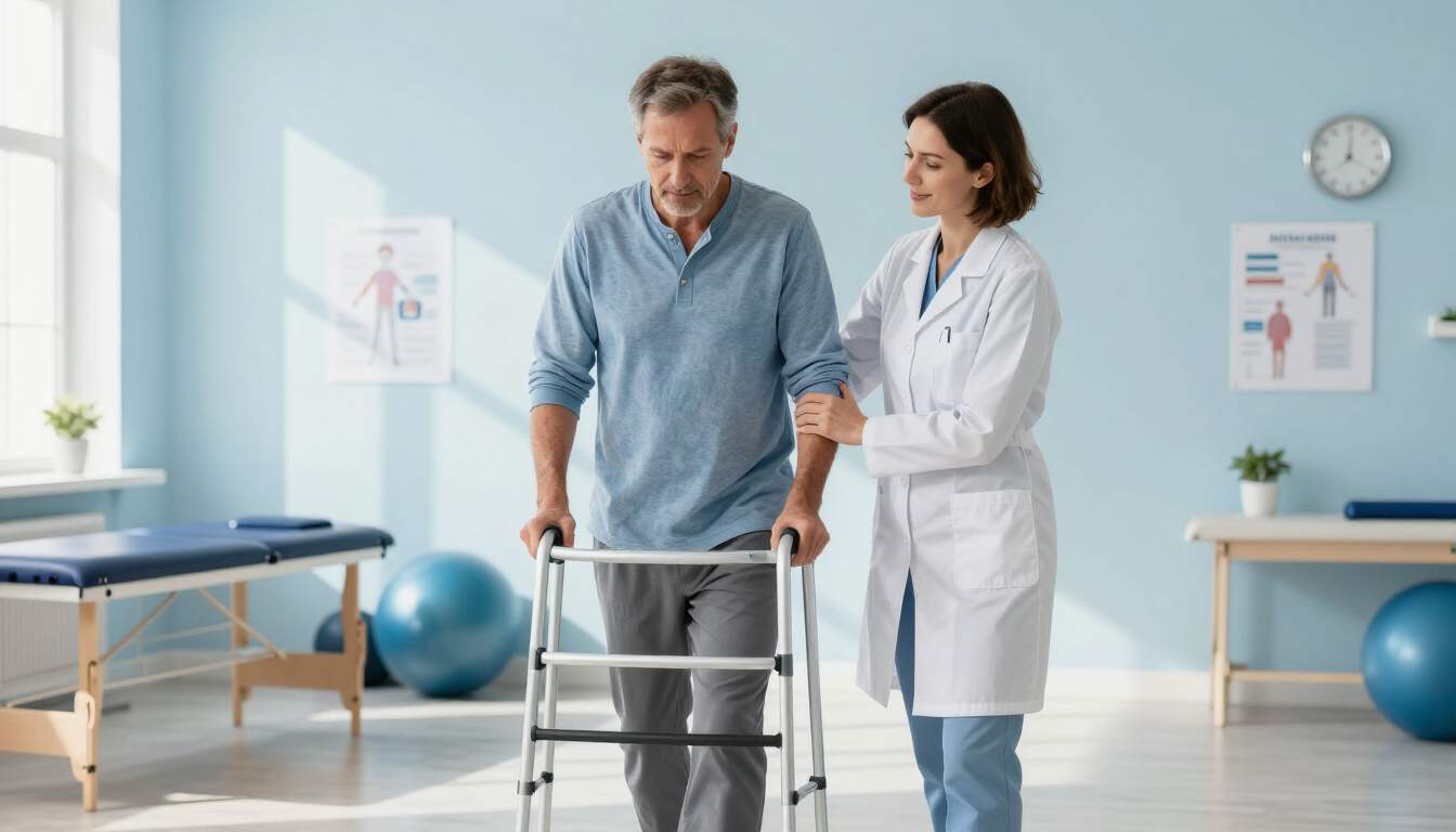 Un fisioterapeuta ayudando a un hombre a caminar con un andador en una sala luminosa de una clínica