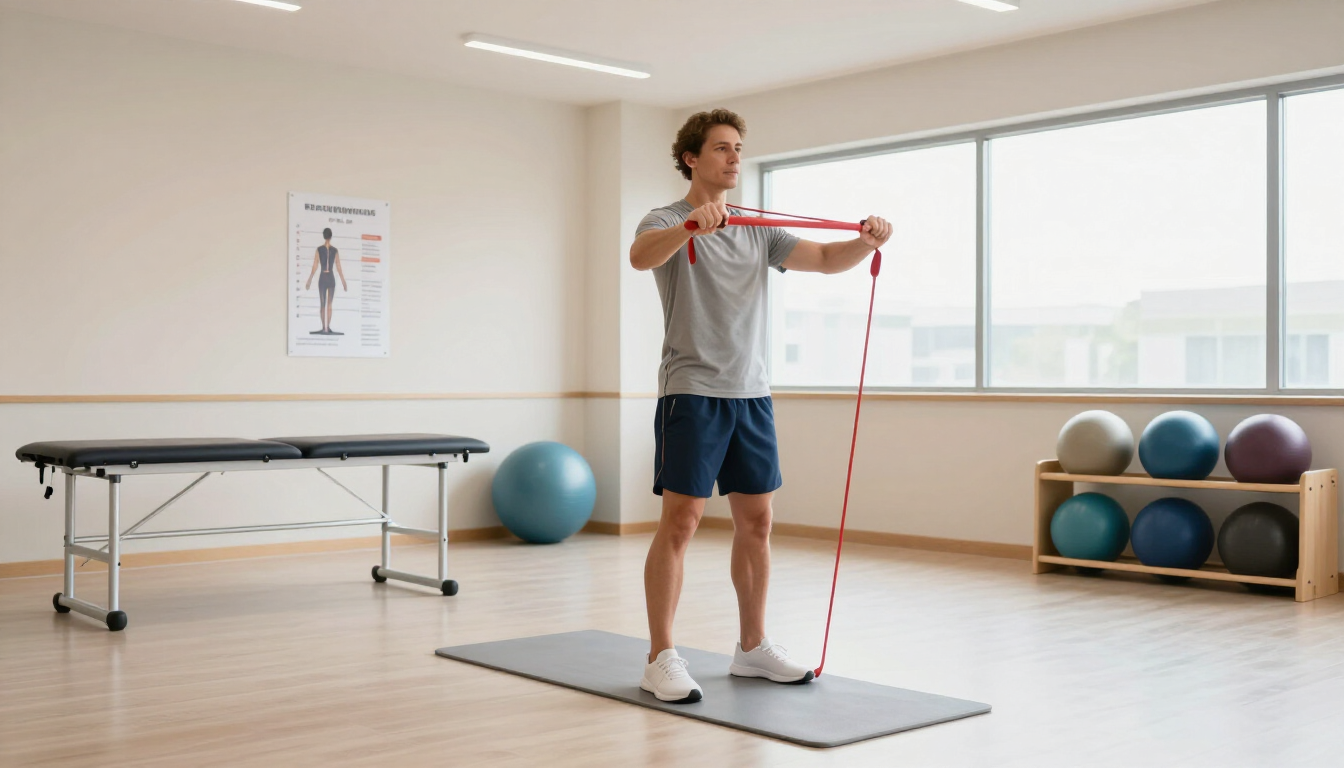 Persona haciendo ejercicio con bandas de resistencia sobre una esterilla en un estudio luminoso con balones de gimnasia y una mesa.