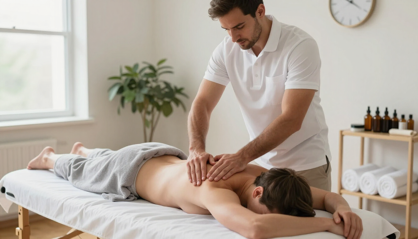 Masajista dando un masaje de espalda a un cliente en una camilla de tratamiento en una sala de spa