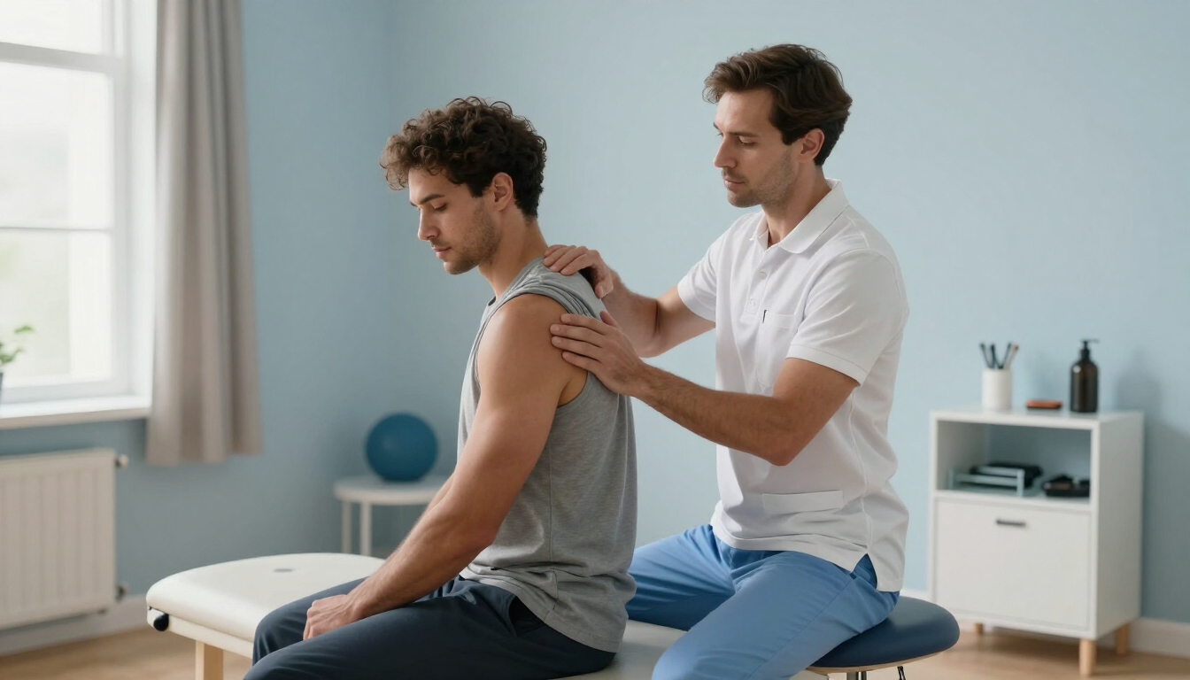 Un fisioterapeuta masajea suavemente el hombro de un hombre en una consulta luminosa