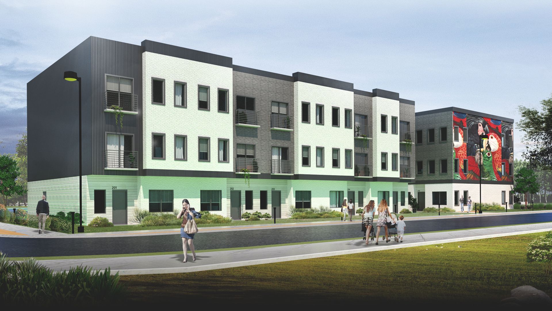 Rendering of a three story building showing people walking a long a sidewalk