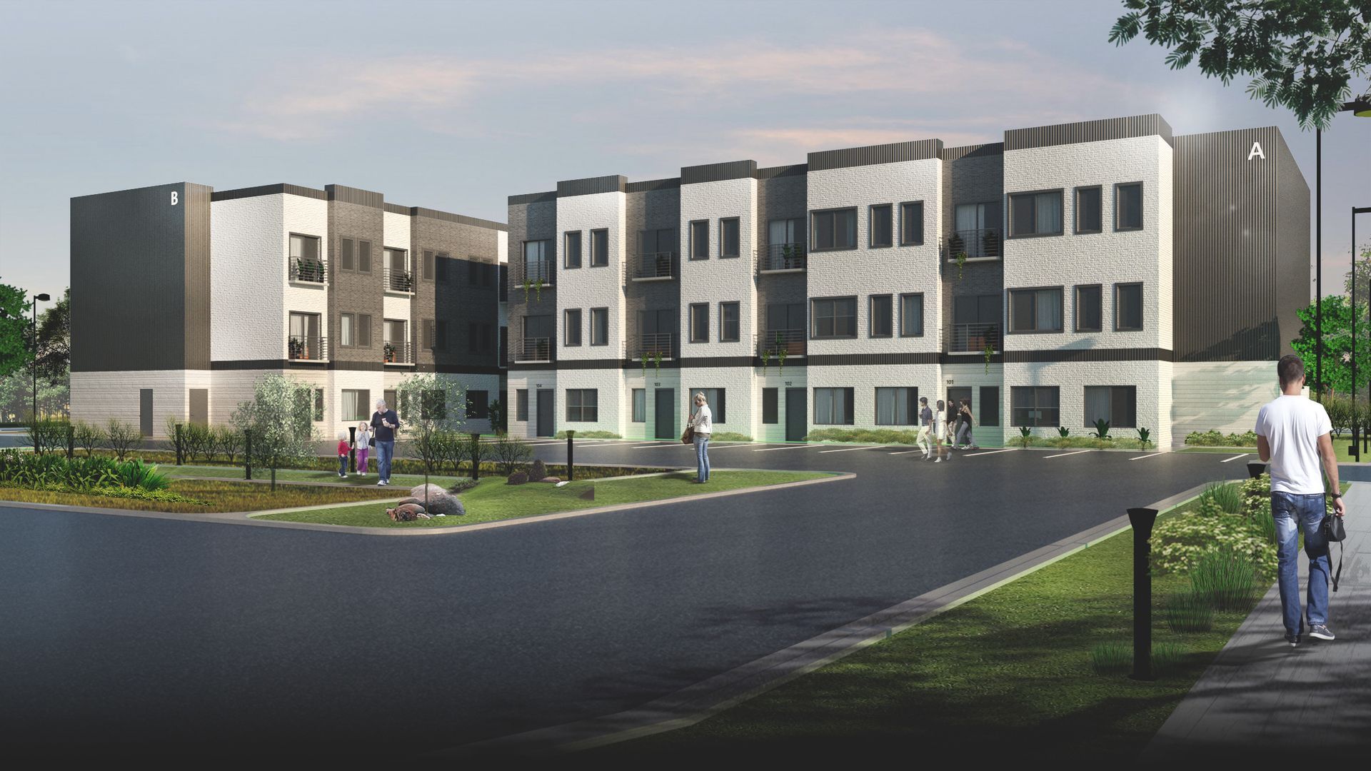 Rendering of a three-story building showing people walking around the grounds