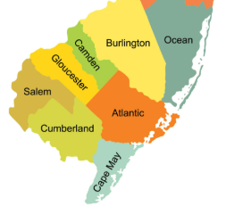 Color-coded map of New Jersey counties labeled Burlington, Ocean, Atlantic, Cape May, Cumberland, Salem, Camden, and Gloucester