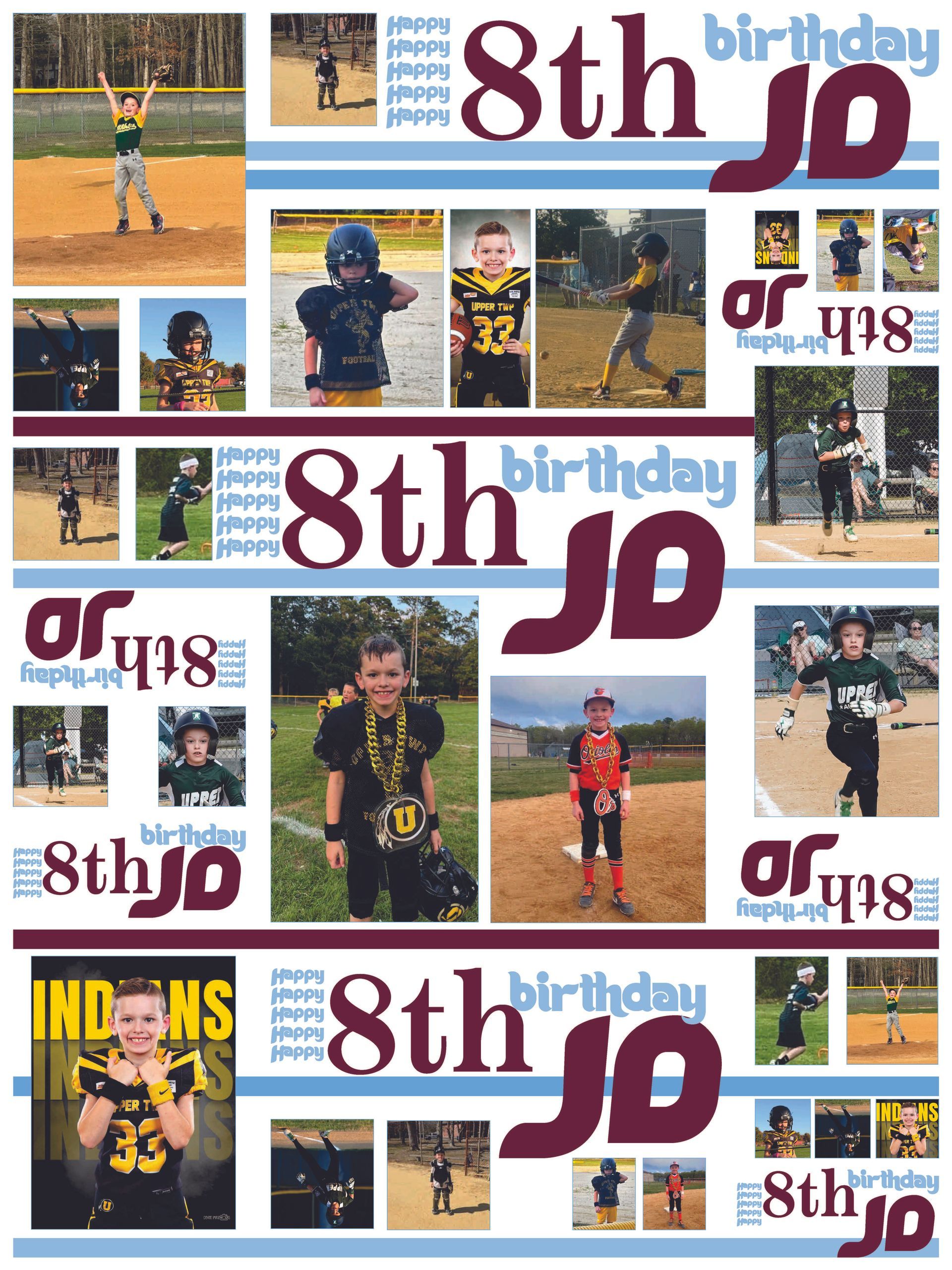 Collage of youth baseball birthday photos with “8th birthday” and jersey number 10 in blue, red, and white.