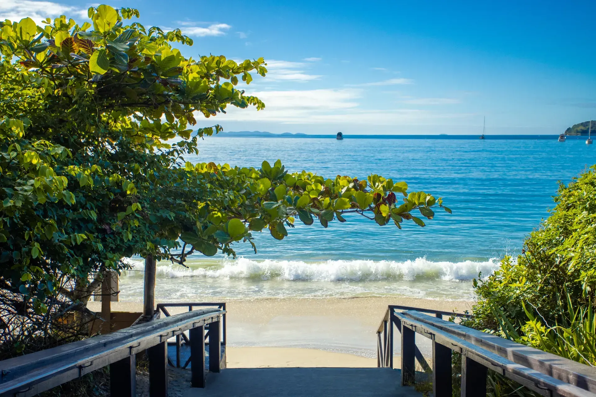 Vista da praia tropical através de árvores verdes, com escadas que levam à areia e ao oceano azul ao fundo.