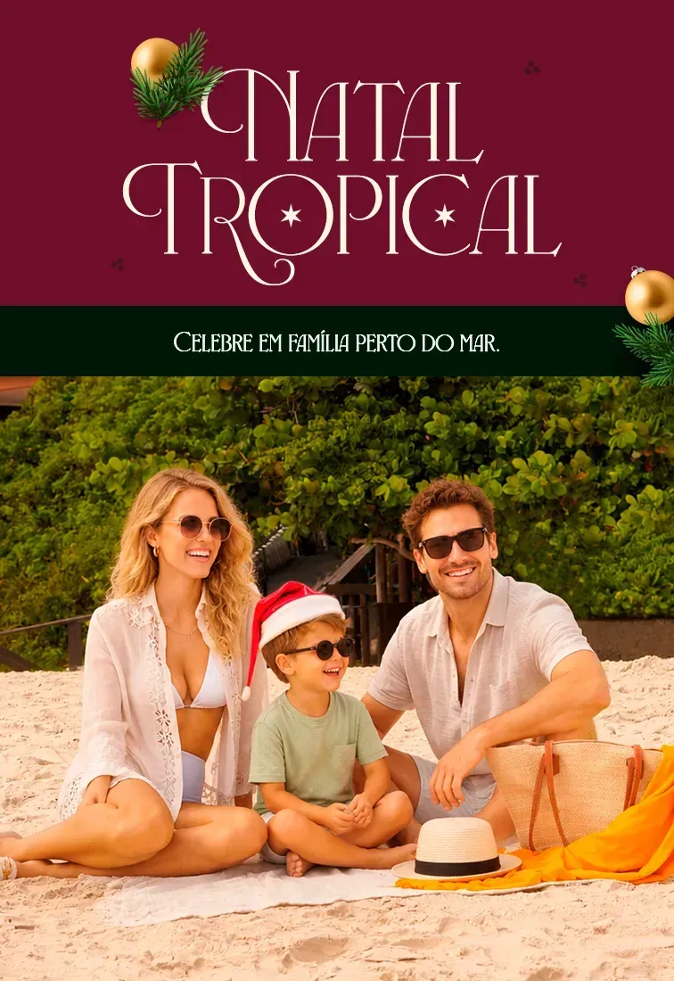 Cena promocional de praia com três pessoas em uma toalha sob o logotipo 