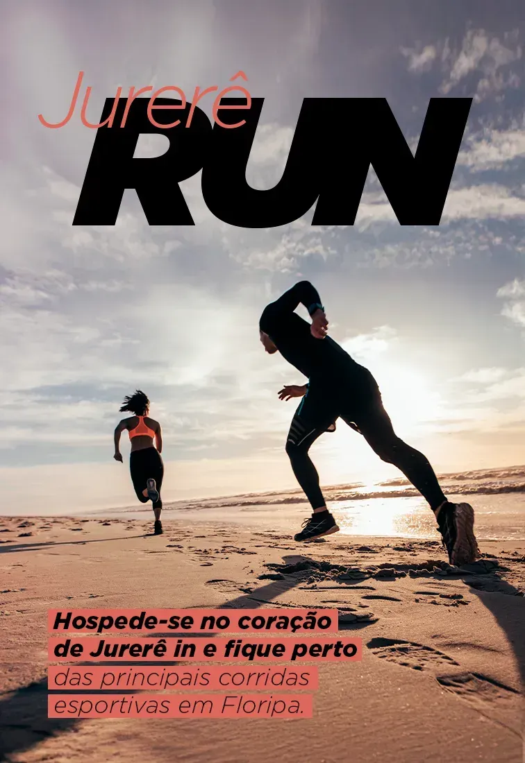 Corredores na praia ao pôr do sol com o texto “Jurerê RUN” sobreposto